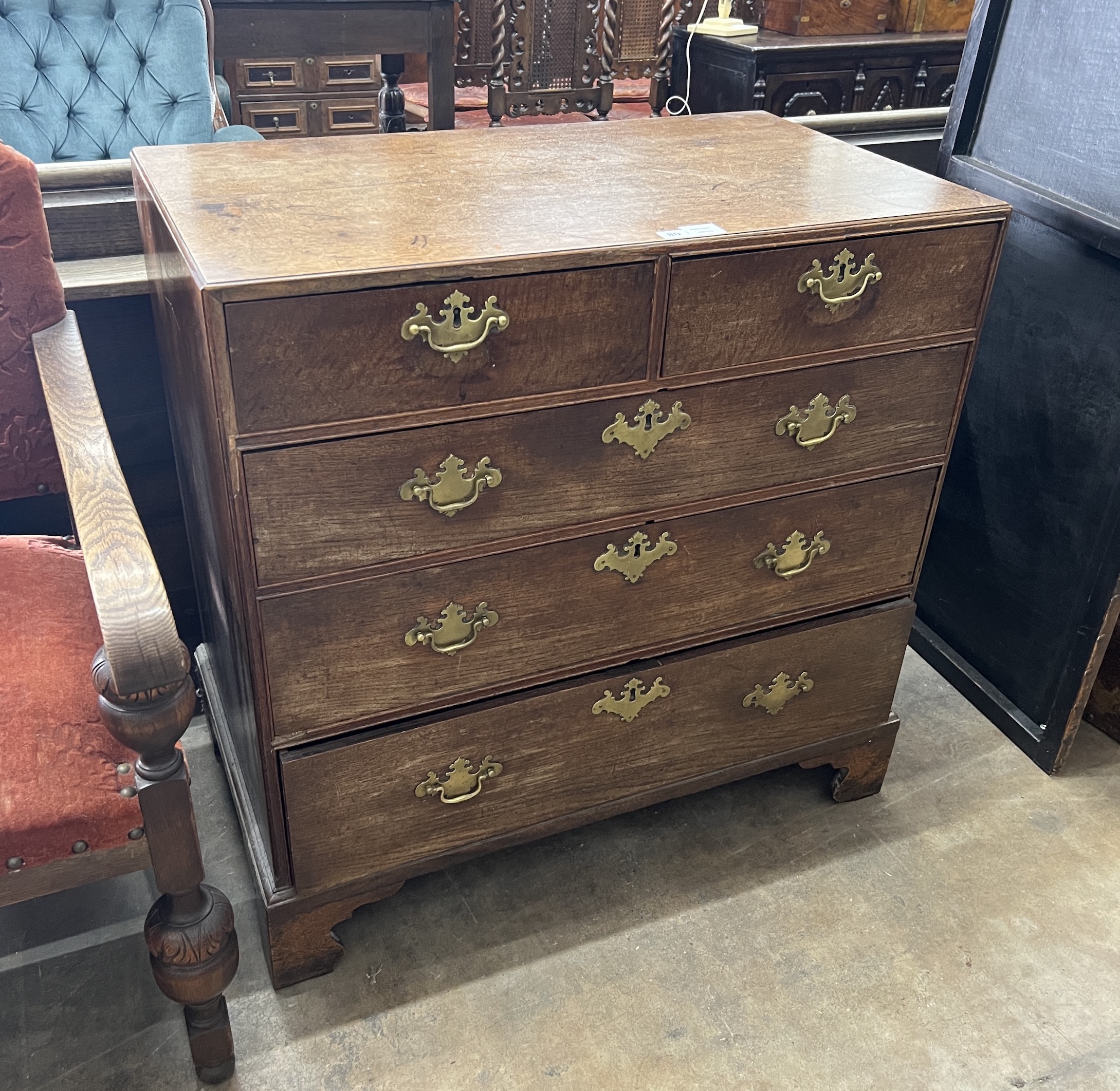A George III oak five drawer chest, width 91cm, depth 52cm, height 91cm